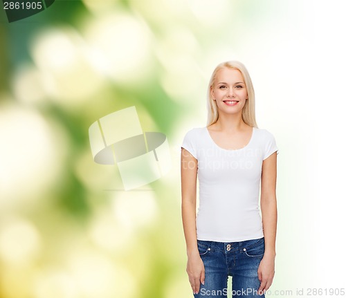 Image of smiling woman in blank white t-shirt