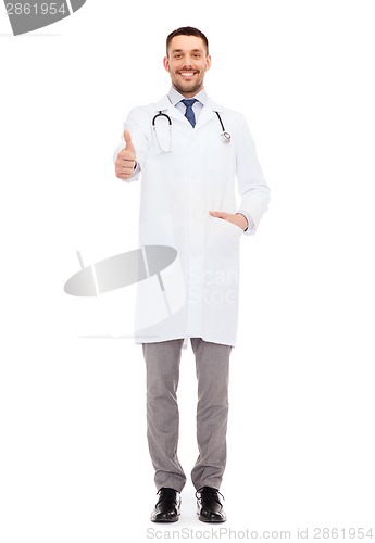 Image of smiling doctor with stethoscope showing thumbs up