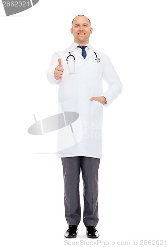 Image of smiling doctor with stethoscope showing thumbs up