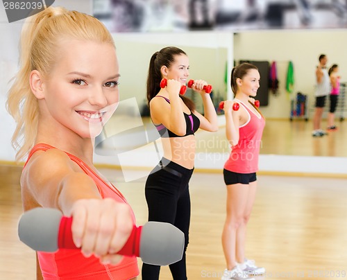 Image of smiling beautiful sporty woman with dumbbell