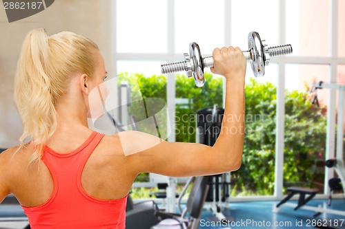 Image of sporty woman with heavy steel dumbbell from back