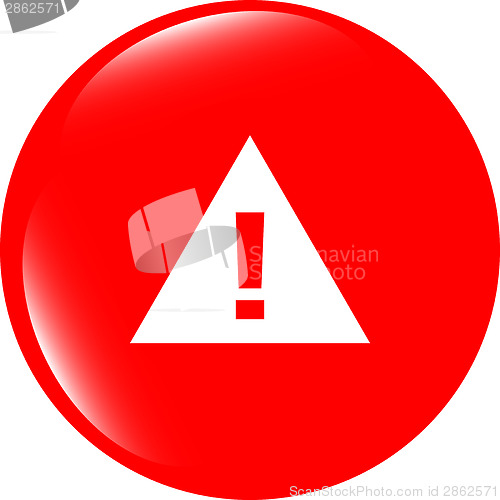 Image of glossy web button with attention warning sign. Rounded square shape icon with shadow and reflection on white background