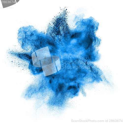 Image of blue powder explosion isolated on white