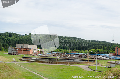 Image of city sewage water treatment plant reservoir pools 