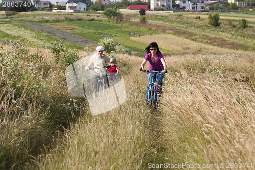 Image of Family riding a bicycles in the meadow