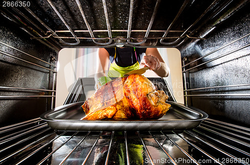 Image of Cooking chicken in the oven at home.