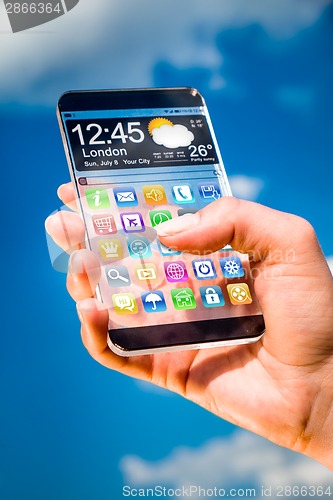 Image of Smartphone with transparent screen in human hands.