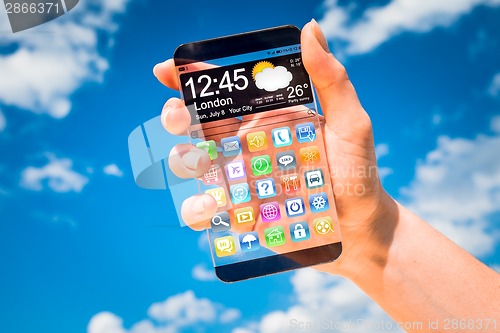 Image of Smartphone with transparent screen in human hands.