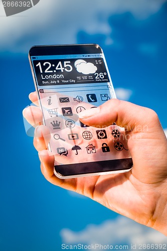 Image of Smartphone with transparent screen in human hands.