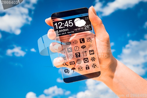 Image of Smartphone with transparent screen in human hands.