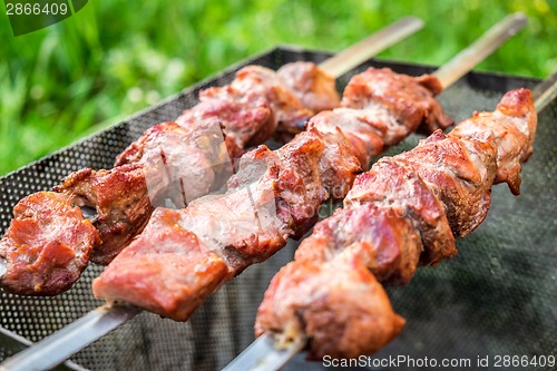 Image of Hot shish kebab on metal skewers