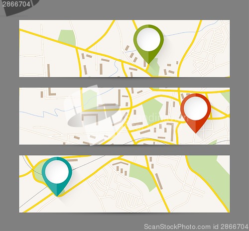 Image of Set of banners with map and color pin pointer