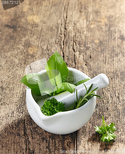 Image of green herbs in a mortar and pestle