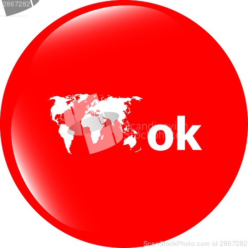 Image of ok word with world map on sign web icon. web button