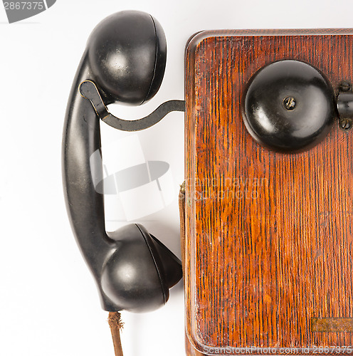 Image of Vintage Obsolete Oak Telephone Set Bakelite Handset Wallbox Ring