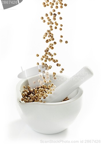 Image of white peppercorns falling into mortar and pestle