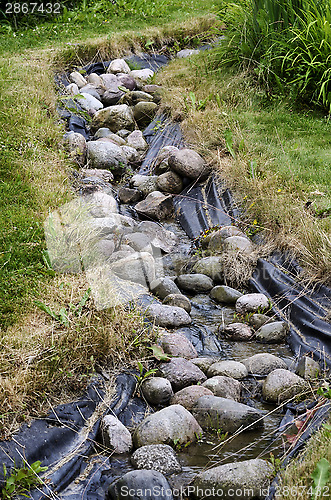 Image of artificial pond stream and decorative landscaped garden