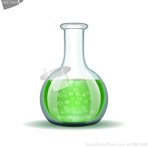 Image of Chemical laboratory transparent flask with green liquid