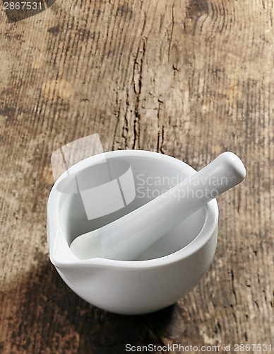 Image of empty mortar and pestle on wooden table