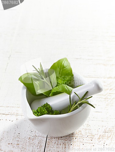 Image of green herbs in a mortar and pestle