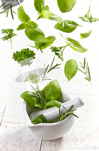 Image of green herbs falling into mortar and pestle