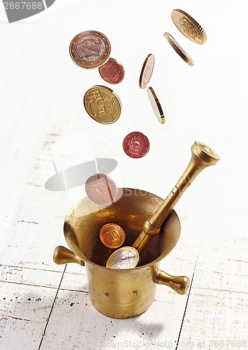 Image of euro coins falling into mortar and pestle