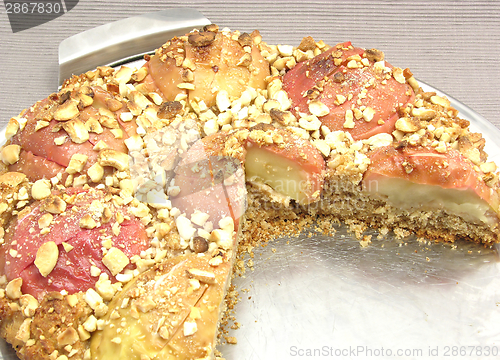 Image of Cutted  wholemeal apple cake on a cake tray on gray background