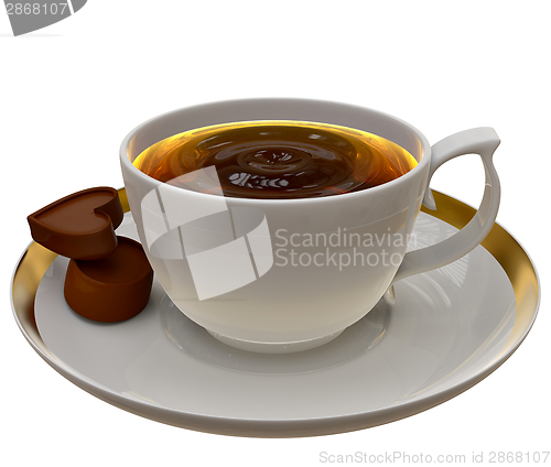 Image of Cup of tea or coffee with two pieces of chocolate