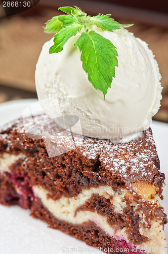 Image of chocolate cake with jam ice cream