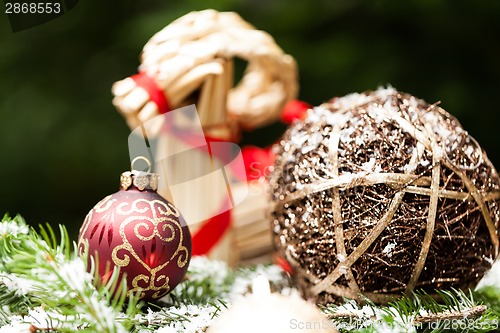 Image of Christmas background with baubles and craft