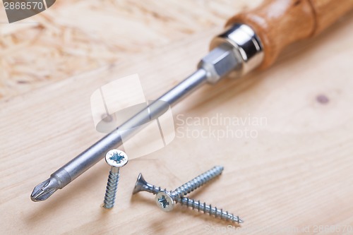 Image of Phillips head screwdriver and wood screws