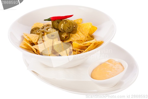 Image of Nachos with cheese sauce and chilli pepperoni