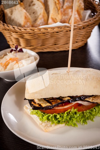 Image of delicious vegan vegetarian burger with grilled eggplant