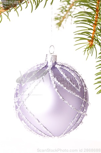 Image of Christmas ball hanging from a branch of a fir tree