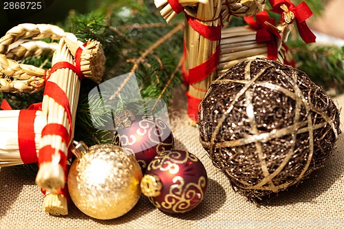 Image of Christmas background with baubles and craft