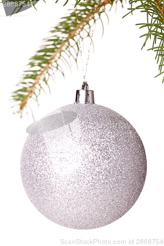 Image of Christmas ball hanging from a branch of a fir tree