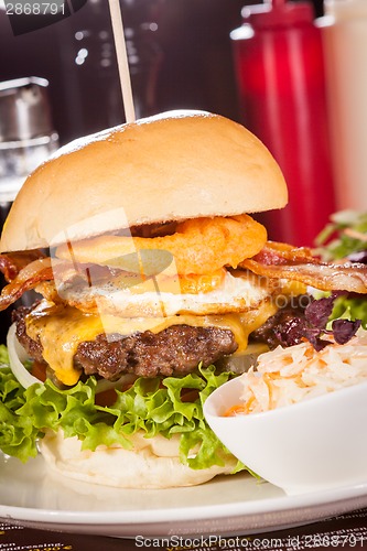 Image of Delicious egg and bacon cheeseburger