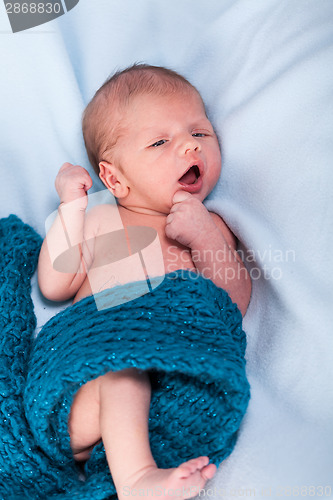 Image of Small infant wrapped in knitted fabric