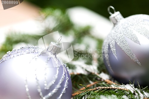 Image of Silver Christmas ornaments in leaves