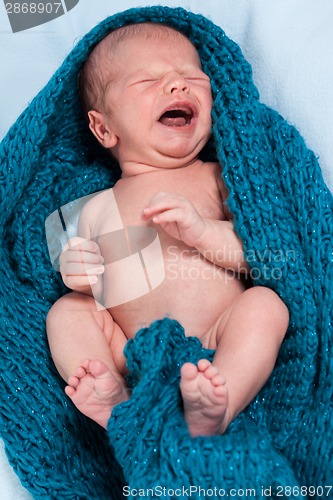 Image of Small infant wrapped in knitted fabric