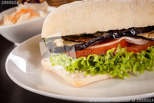 Image of delicious vegan vegetarian burger with grilled eggplant