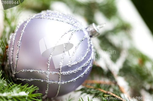 Image of Silver Christmas ornaments in leaves