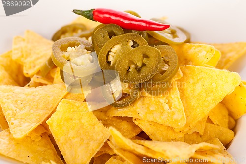 Image of Nachos with cheese sauce and chilli pepperoni