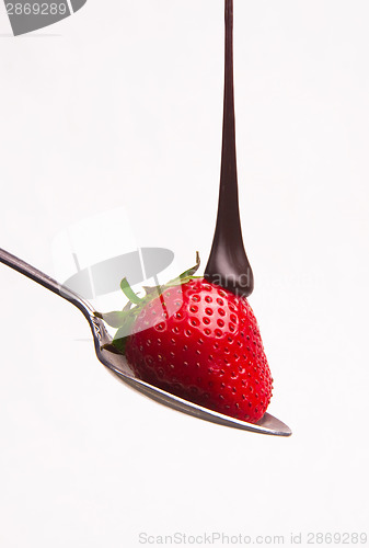 Image of sweet fruit strawberry in chocolate syrup on silver spoon