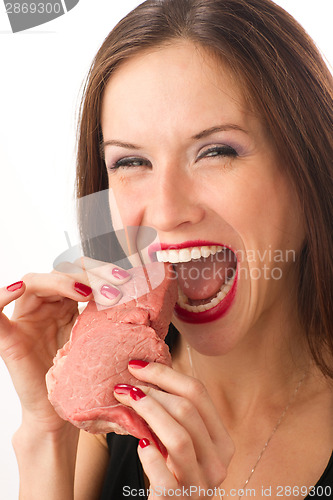 Image of Rachel Parker Beautiful Woman eats RAW Red Steak Meat Food Lover
