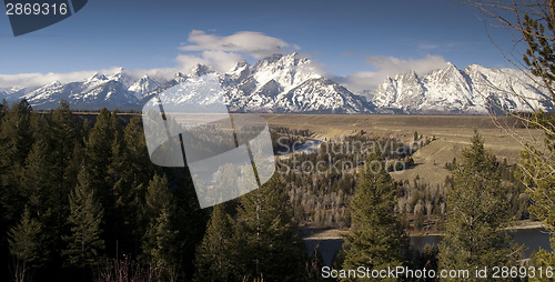 Image of Snake River Cloud Cover Jagged Peaks Grand Teton Wyoming Panoram