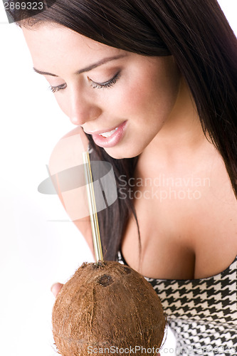 Image of Vibrant Healthy Woman Drinking Milk From Fresh Coconut