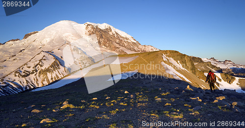 Image of Hiker Heads Toward Mt. Rainier via Burroughs Mountain Washington