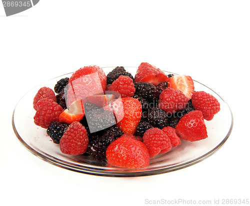 Image of Various Raw Food Fruit on Glass Plate Sweet Berries