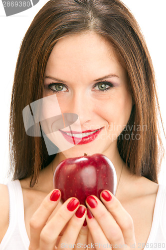 Image of Apple Raw Food Fruit Offering From Beautiful Manicured Brunette 